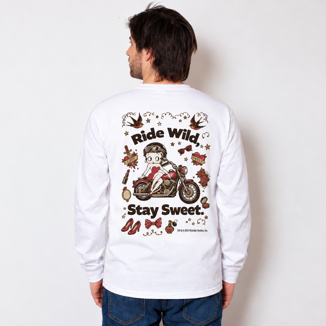 ベティー ブープ（Betty Boop）ロングスリーブ Tシャツ Ride Wild, Stay Sweet. ホワイト