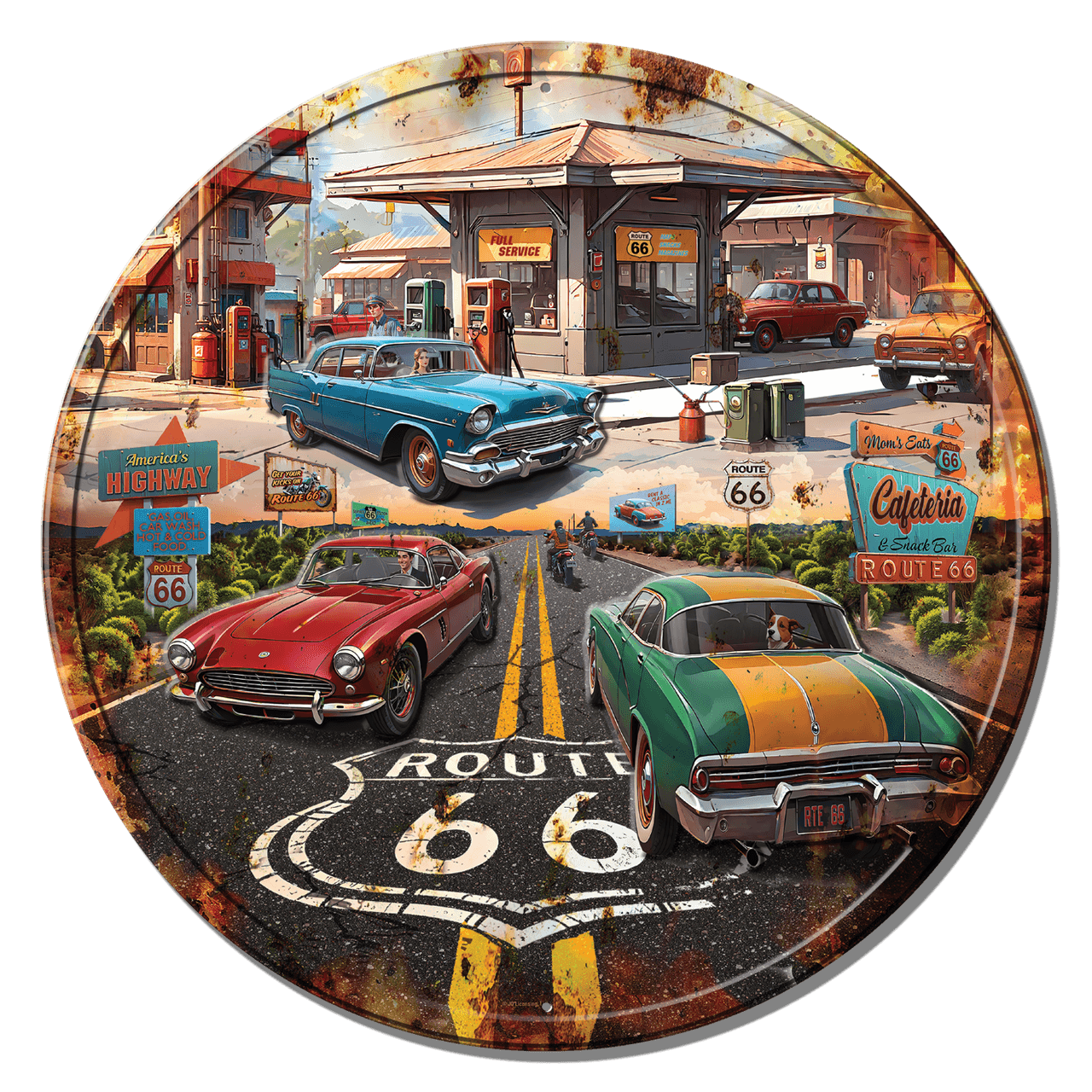 ティン サイン ROUND - JQ - Route 66 Gas