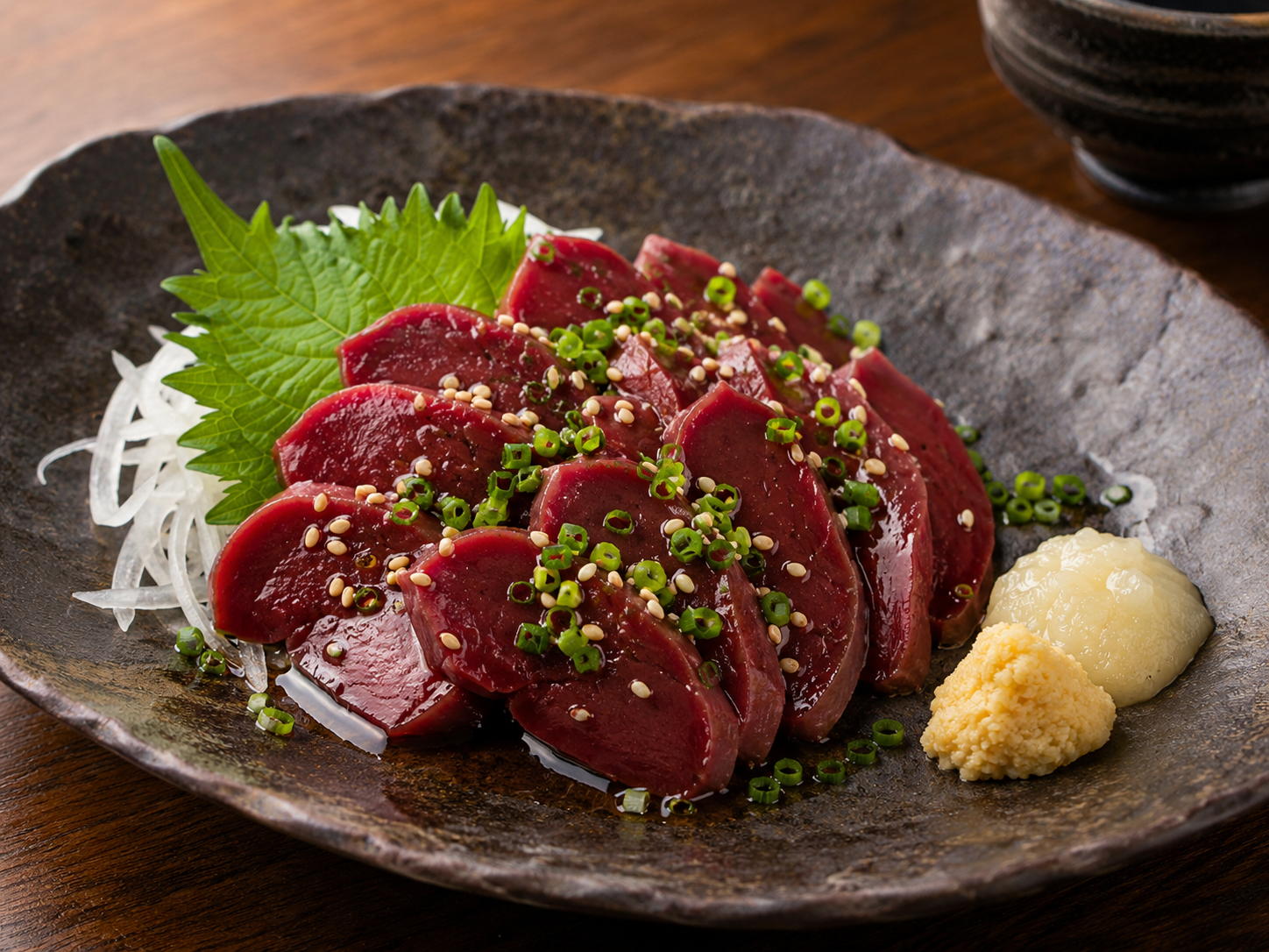 大葉、玉ねぎ、ねぎ、ごま、にんにく、しょうがを添えた馬ハツ刺し