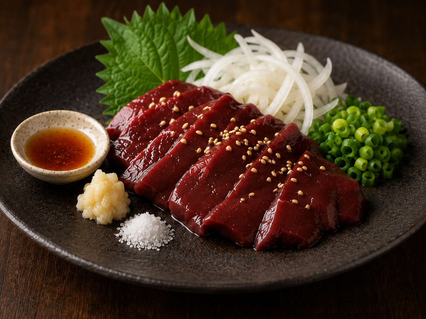 大葉や玉ねぎ、小ねぎ、ごま油と塩を添えた馬レバ刺し