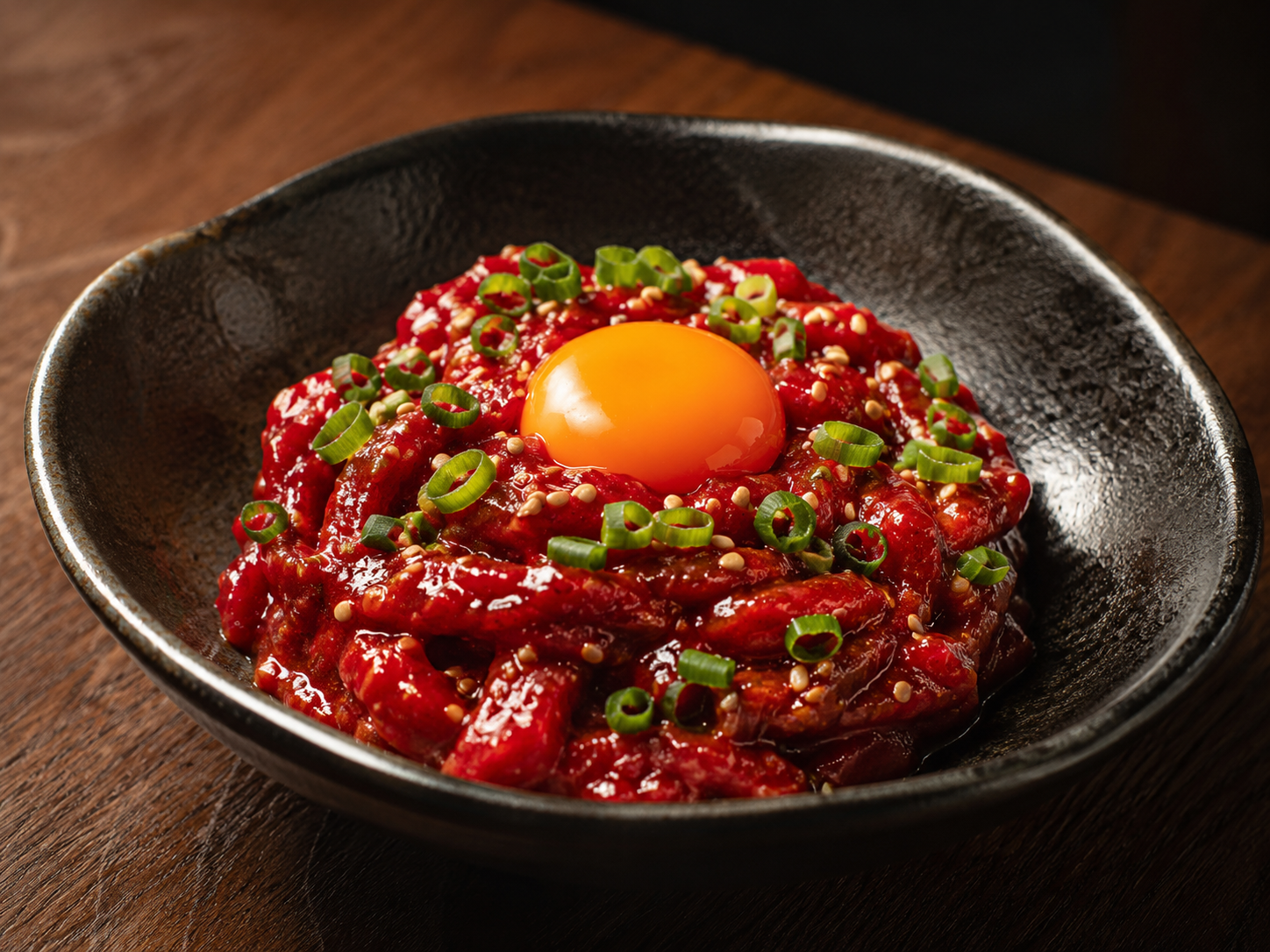 ごま、ねぎ、卵黄を添えた馬肉チャンジャ