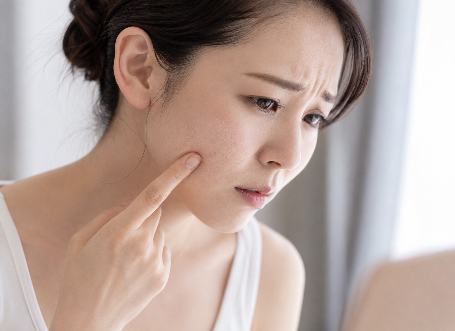 乾燥を感じて頬の状態を確認する女性