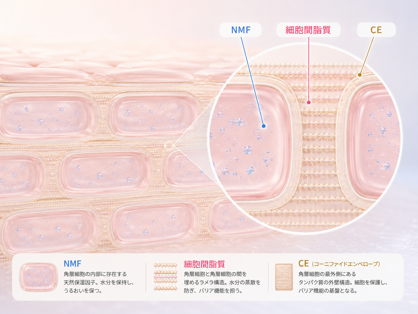 角化細胞膜CEの上にセラミドなどの細胞間脂質が整列する構造図