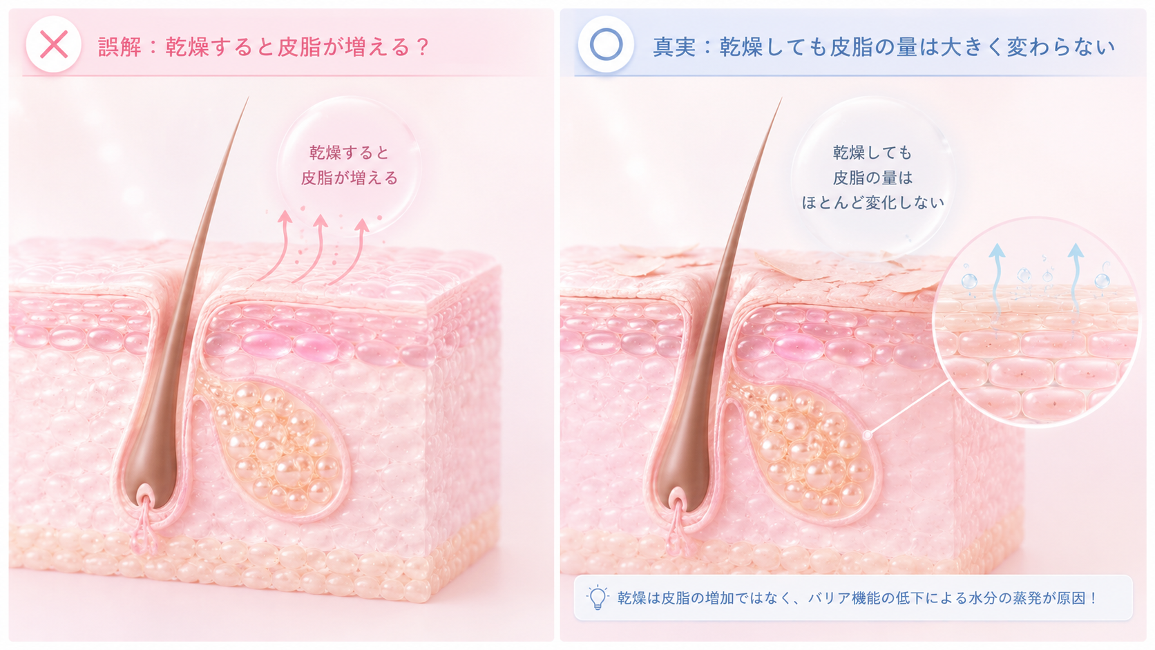 肌の水分量が減ることで水分と皮脂のバランスが崩れ、皮脂が目立ちやすくなる流れを示した図