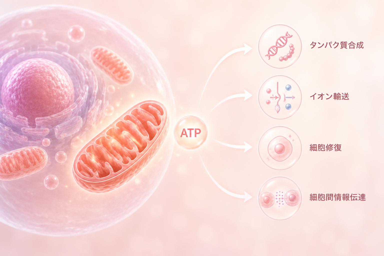 ミトコンドリアがATPを作り、細胞活動と健やかな肌を支える流れを示した図