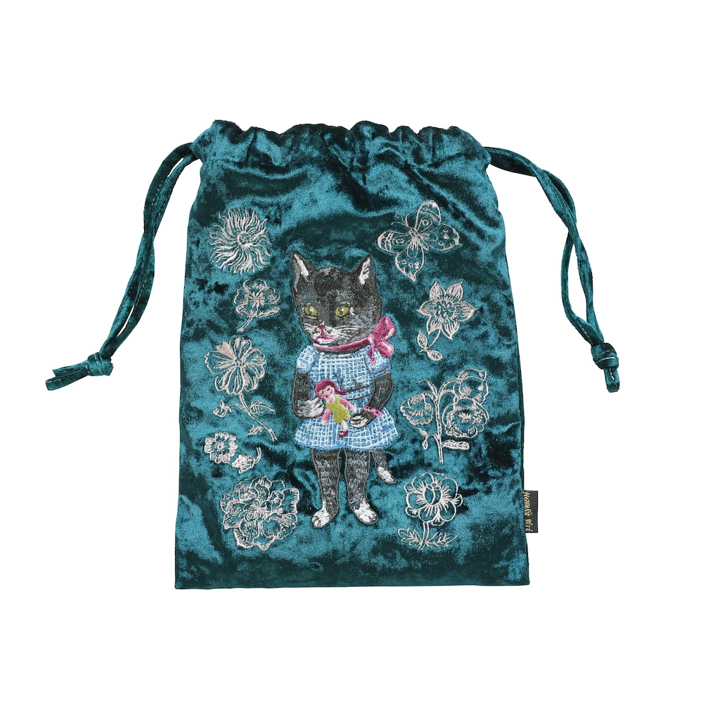 Nathalie Lete Velour Drawstring pouch Black cat