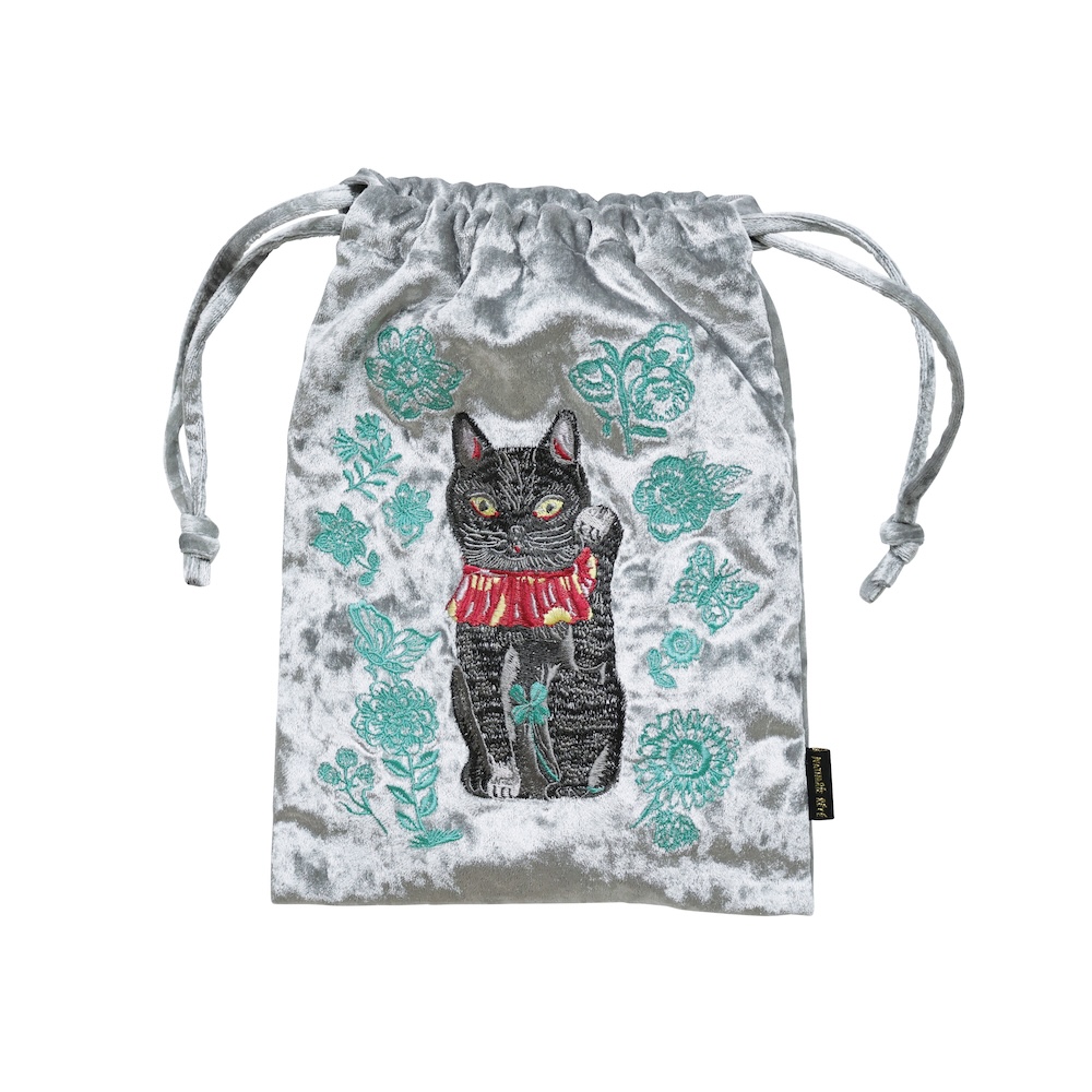 Nathalie Lete Velour Drawstring pouch Lucky cat-BK