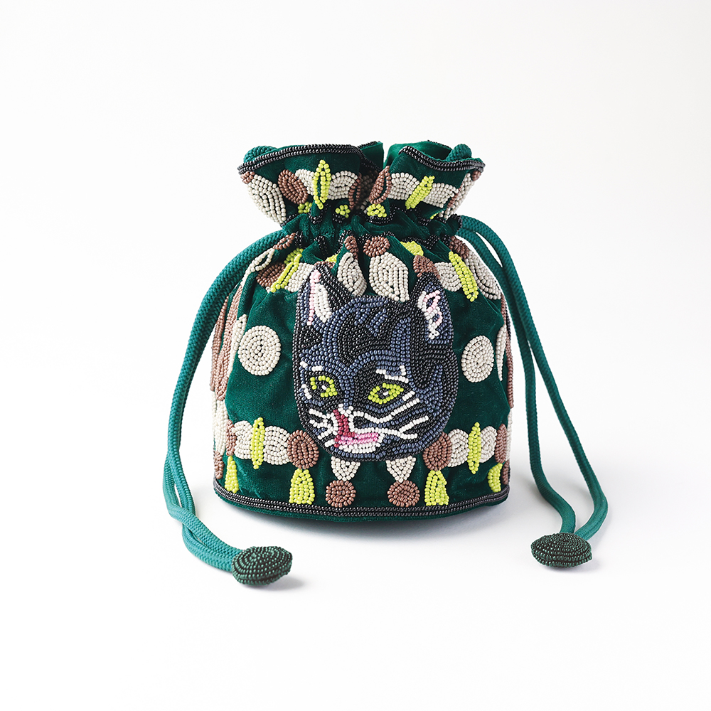 Nathalie Lete Beaded Drawstring Bag Black cat