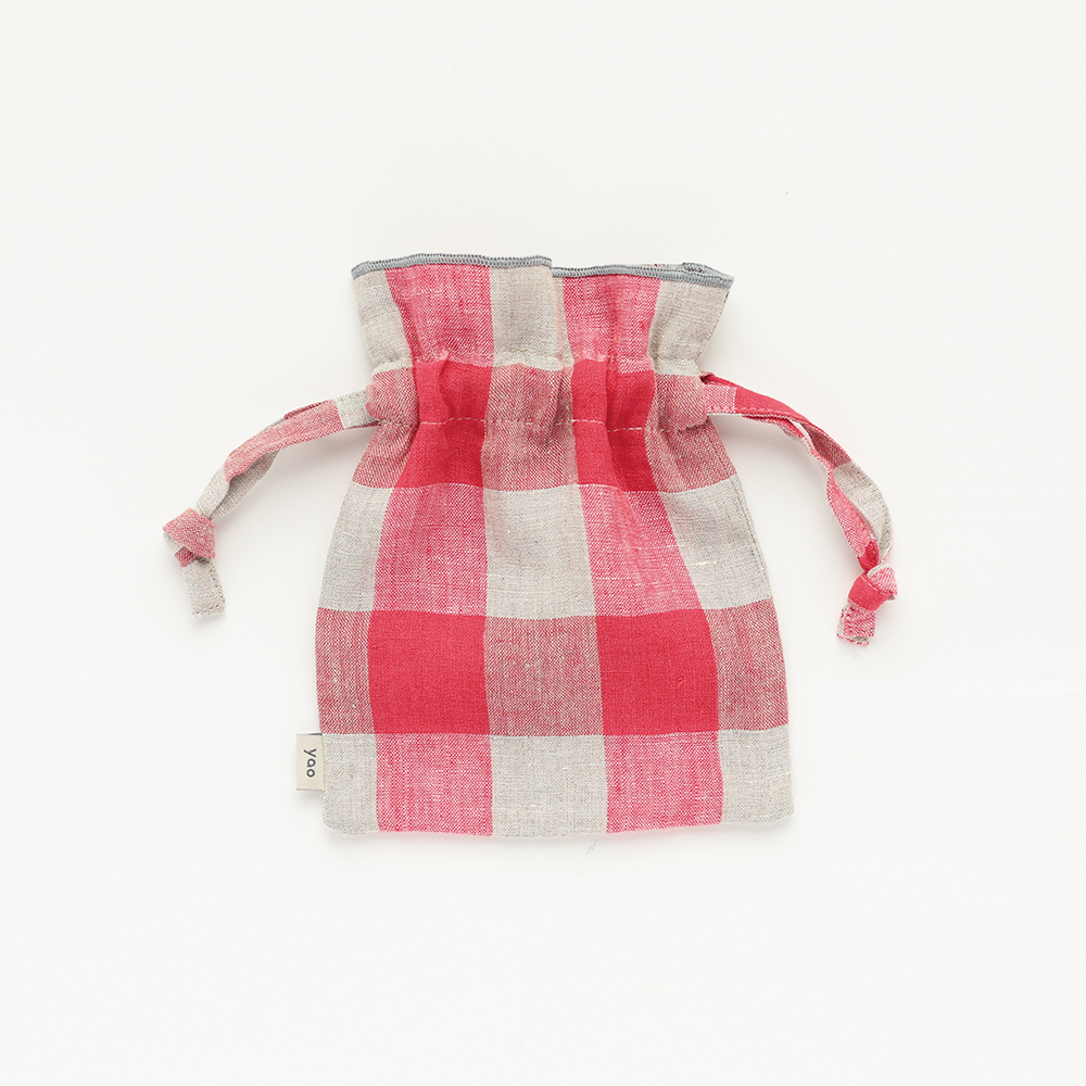 Linen Drawstring pouch S Check RD