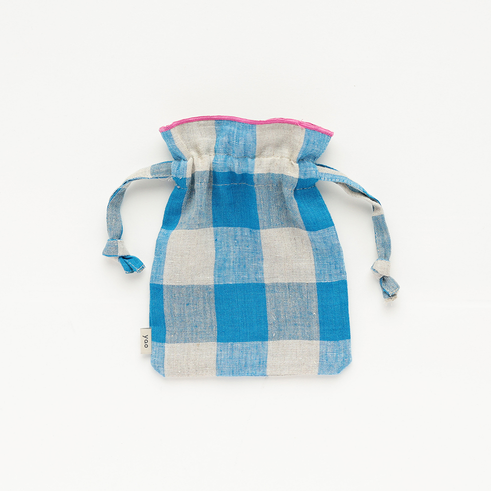 Linen Drawstring pouch S Check BL