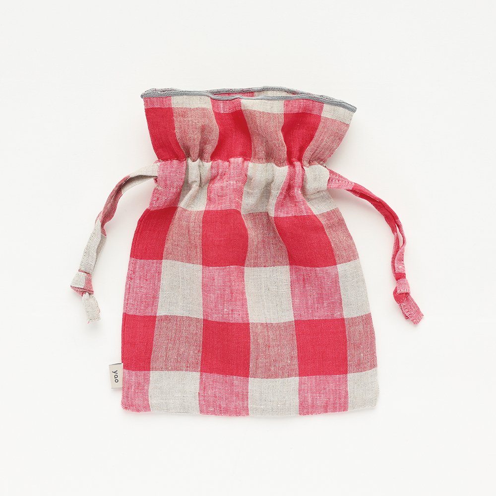 Linen Drawstring pouch L Check RD