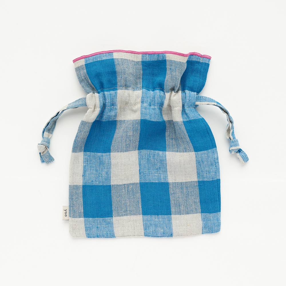 Linen Drawstring pouch L Check BL