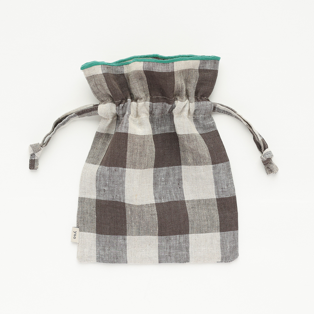 Linen Drawstring pouch L Check BK