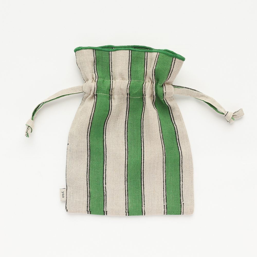 Linen Drawstring pouch L Stripe GR