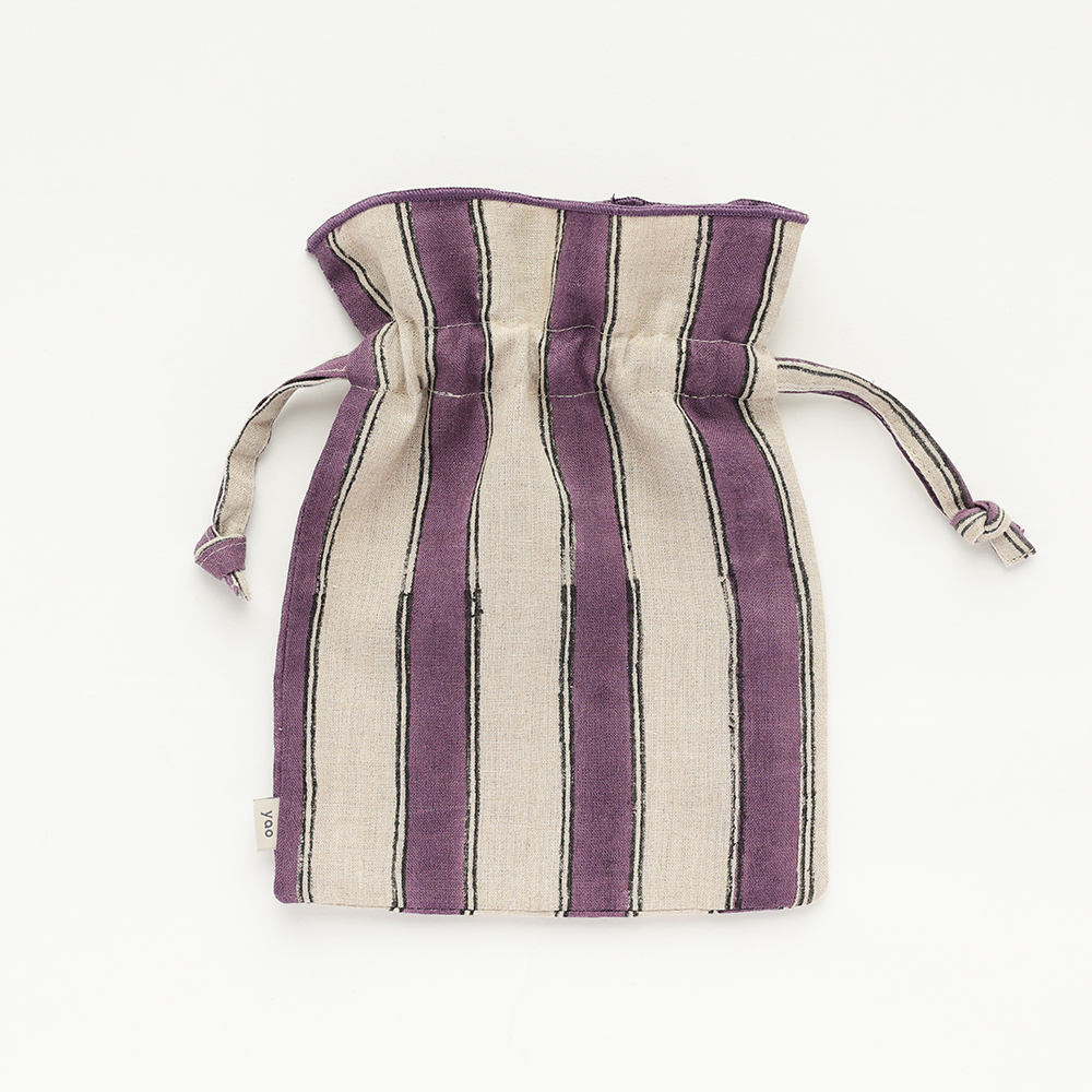 Linen Drawstring pouch L Stripe PU