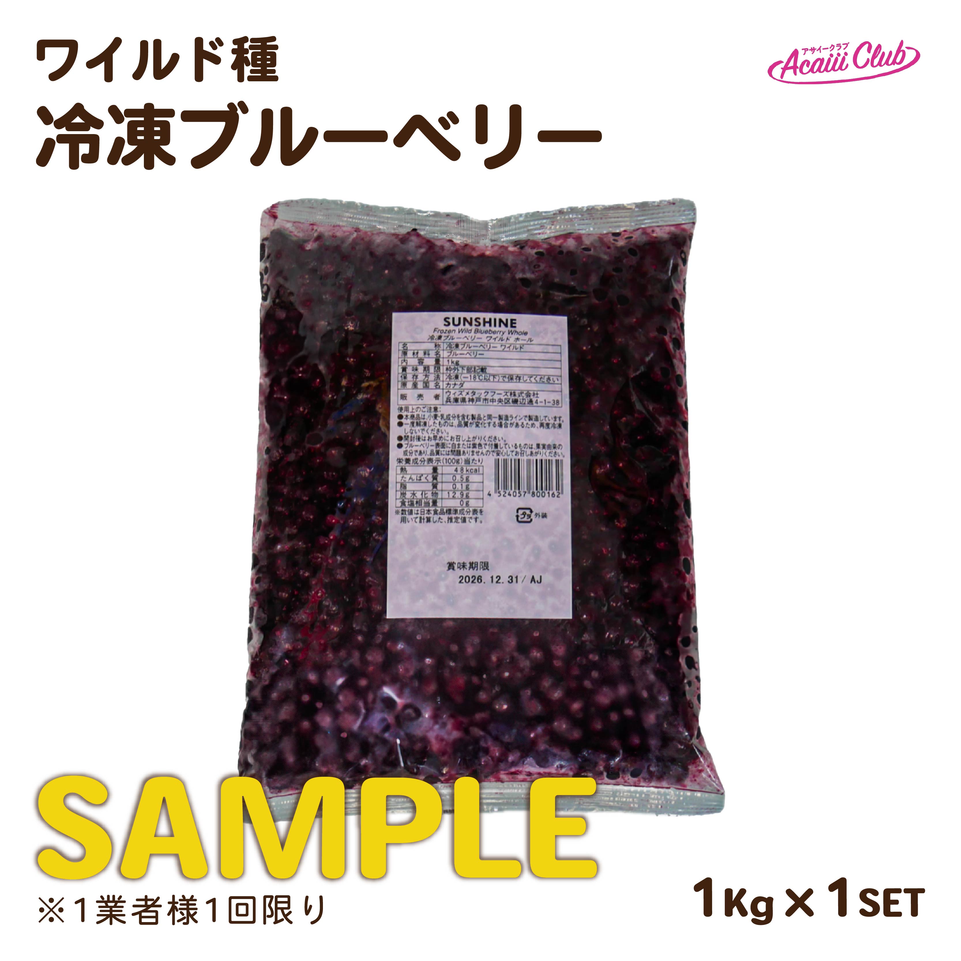 【有償サンプル】小粒冷凍ブルーベリー ホール ワイルド種 1kg