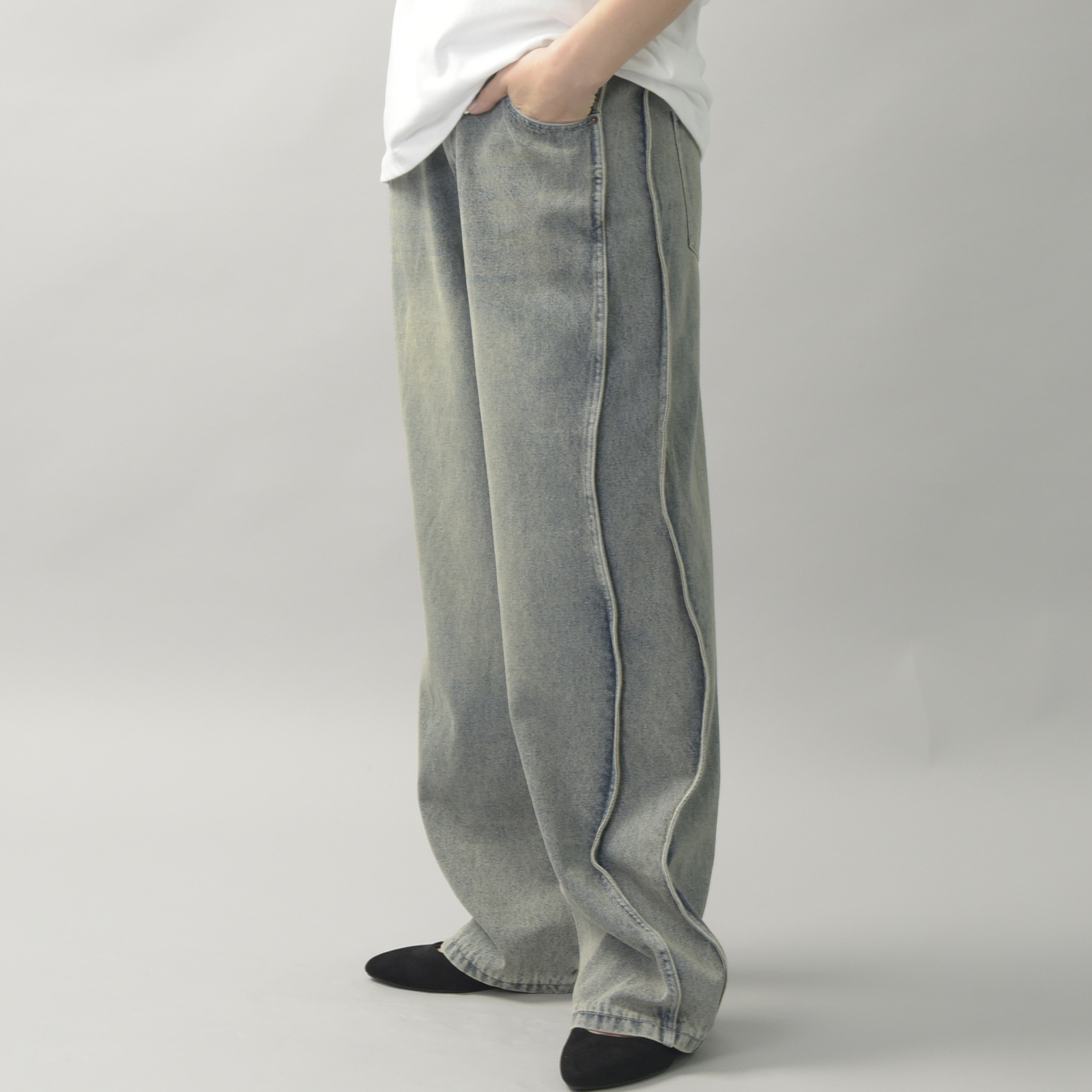 サイドウェーブ切り替えデニムパンツ