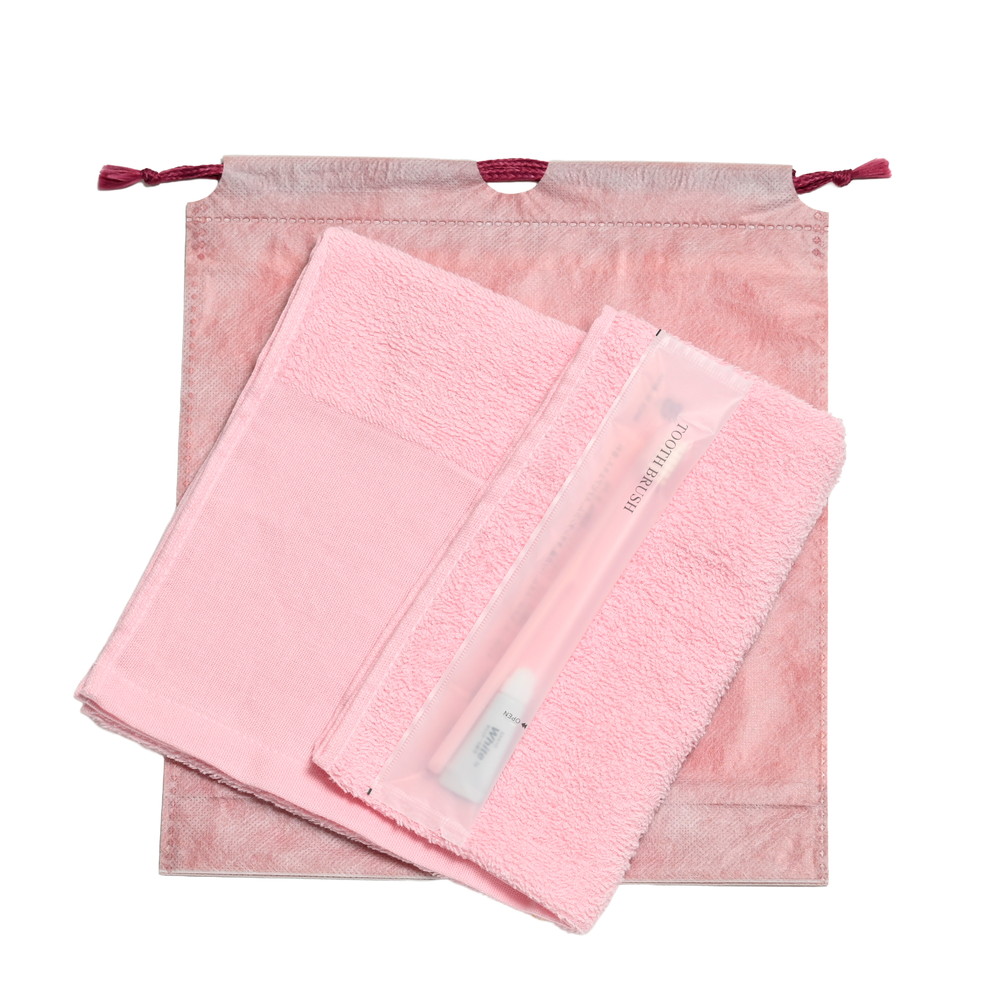 180匁平地付ソフトタオル・国産ハブラシセット（ピンク）和紙柄巾着袋入り　200セット