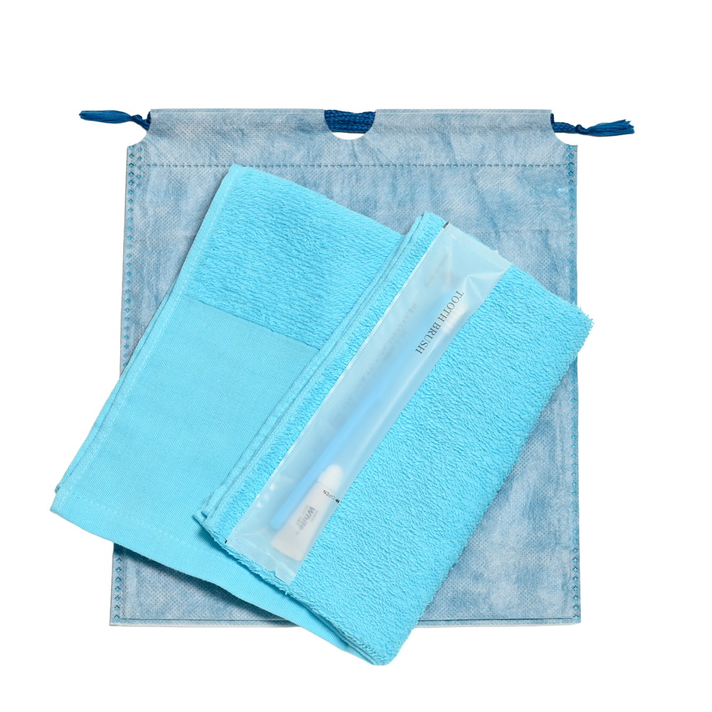 180匁平地付ソフトタオル・国産ハブラシセット（ブルー）和紙柄巾着袋入り　200セット