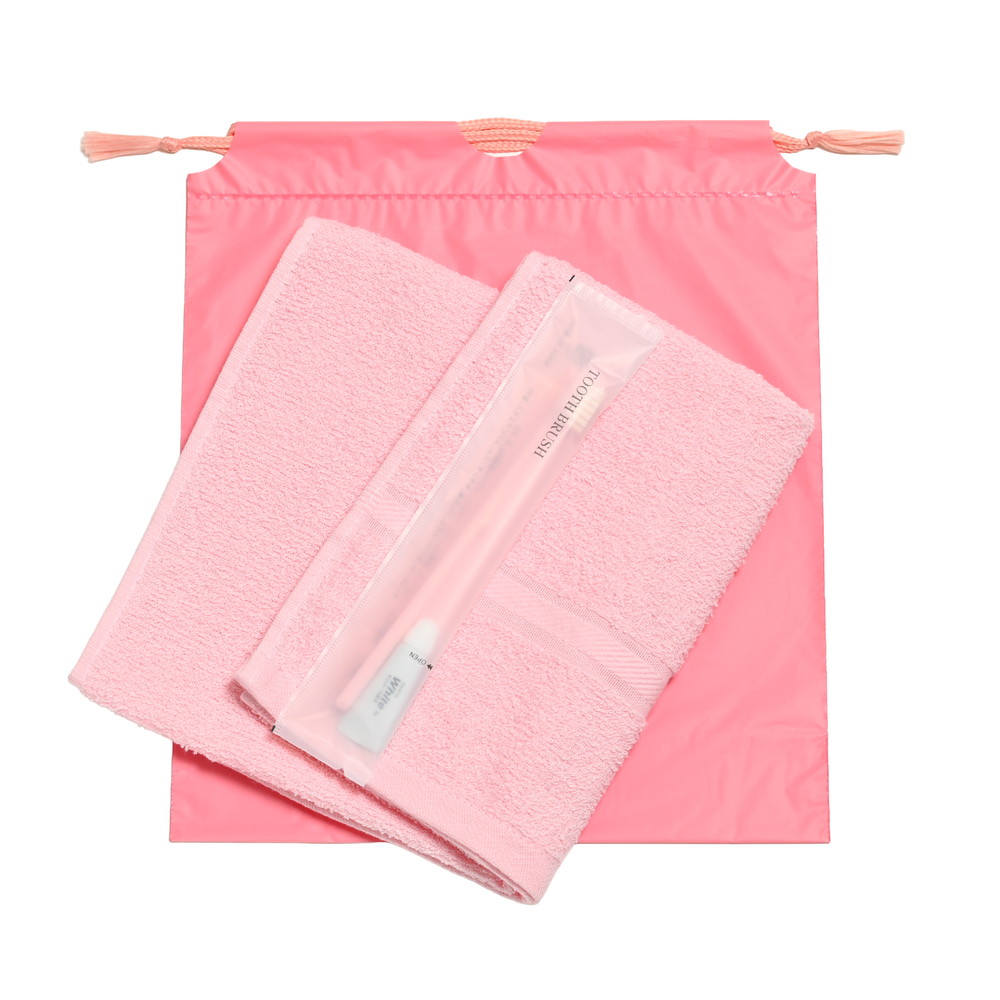 200匁ソフト界切付総パイルタオル・国産ハブラシセット（ピンク）巾着袋入り　300セット