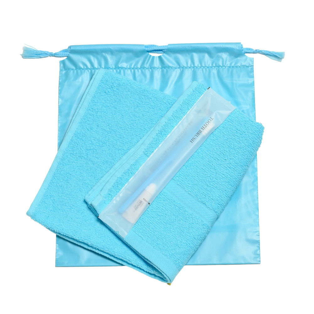 200匁ソフト界切付総パイルタオル・国産ハブラシセット（ブルー）巾着袋入り　300セット