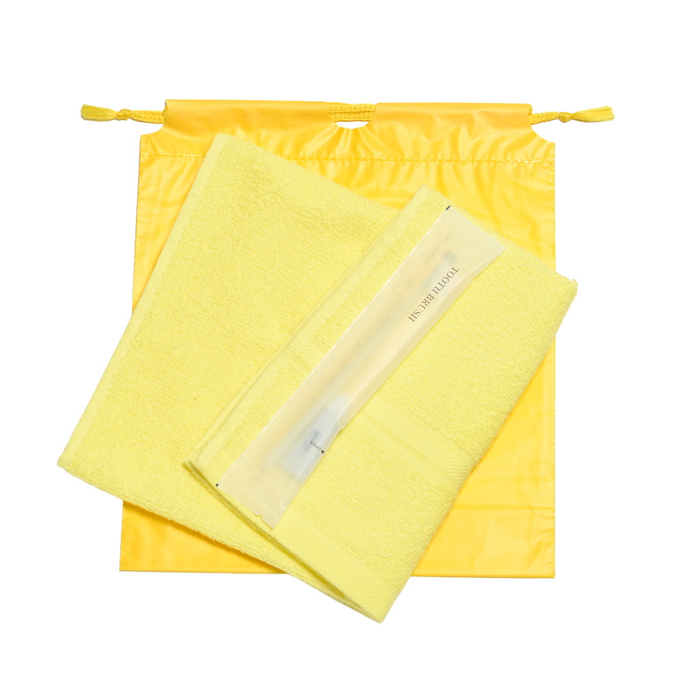 200匁ソフト界切付総パイルタオル・国産ハブラシセット（イエロー）巾着袋入り　300セット