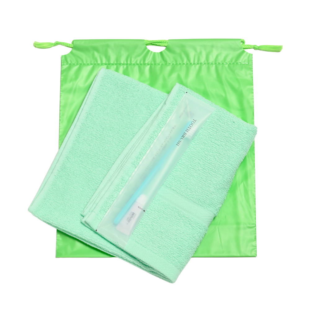 200匁ソフト界切付総パイルタオル・国産ハブラシセット（グリーン）巾着袋入り　300セット