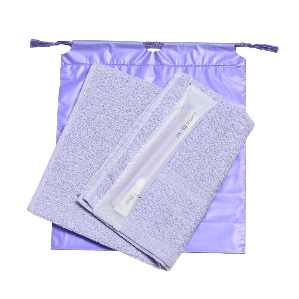 200匁ソフト界切付総パイルタオル・国産ハブラシセット（ムラサキ）巾着袋入り　300セット