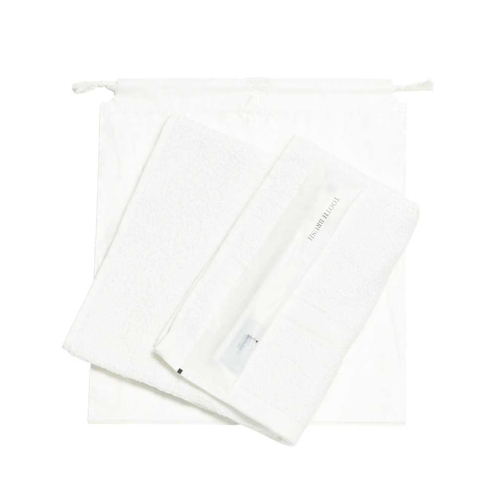 200匁ソフト界切付総パイルタオル・国産ハブラシセット（白）巾着袋入り　300セット