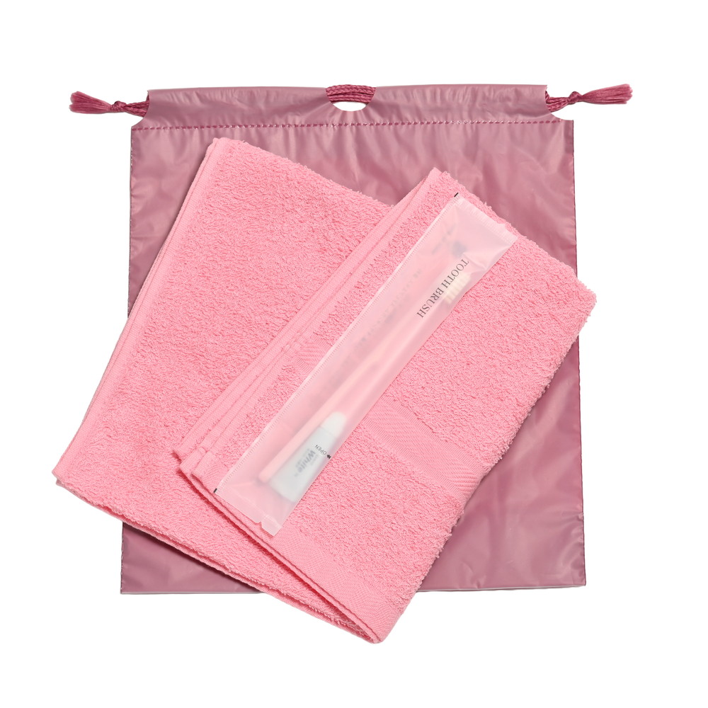 200匁ソフト界切付総パイルタオル・国産ハブラシセット（ピンク）濃色巾着袋入り　300セット