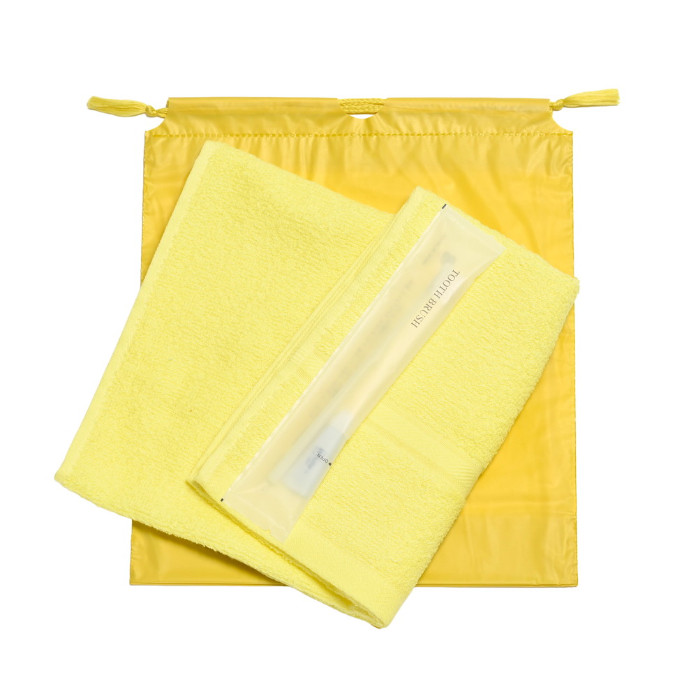 200匁ソフト界切付総パイルタオル・国産ハブラシセット（イエロー）濃色巾着袋入り　300セット