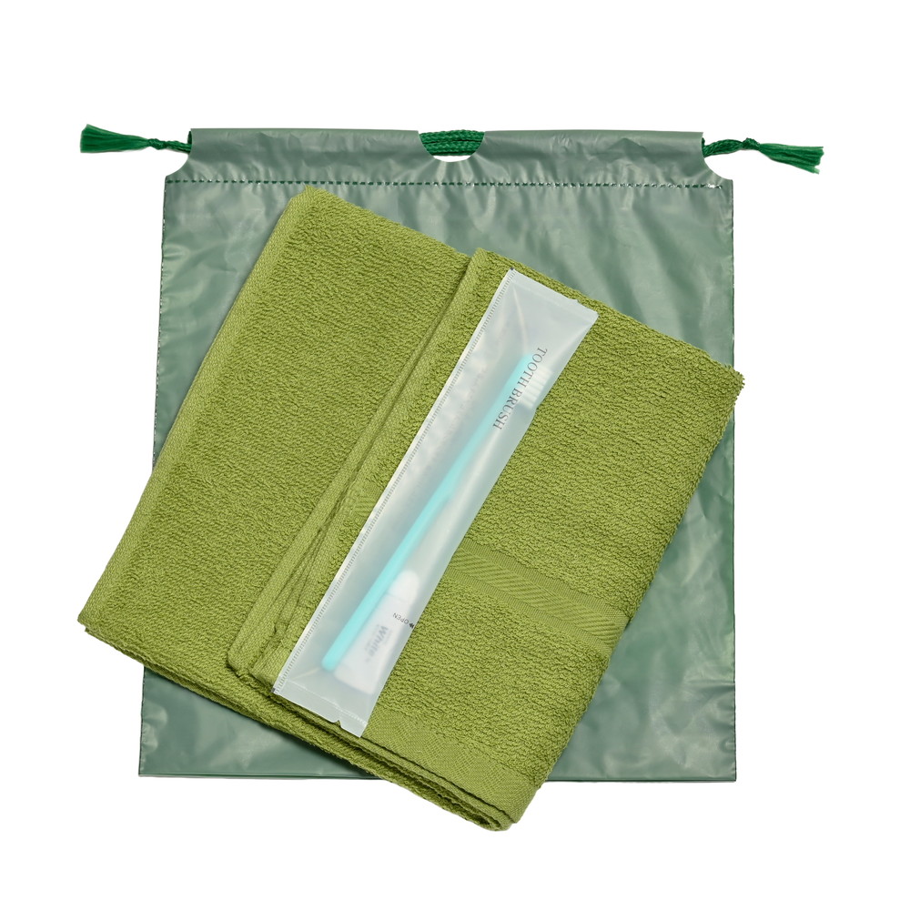 200匁ソフト界切付総パイルタオル・国産ハブラシセット（グリーン）濃色巾着袋入り　300セット