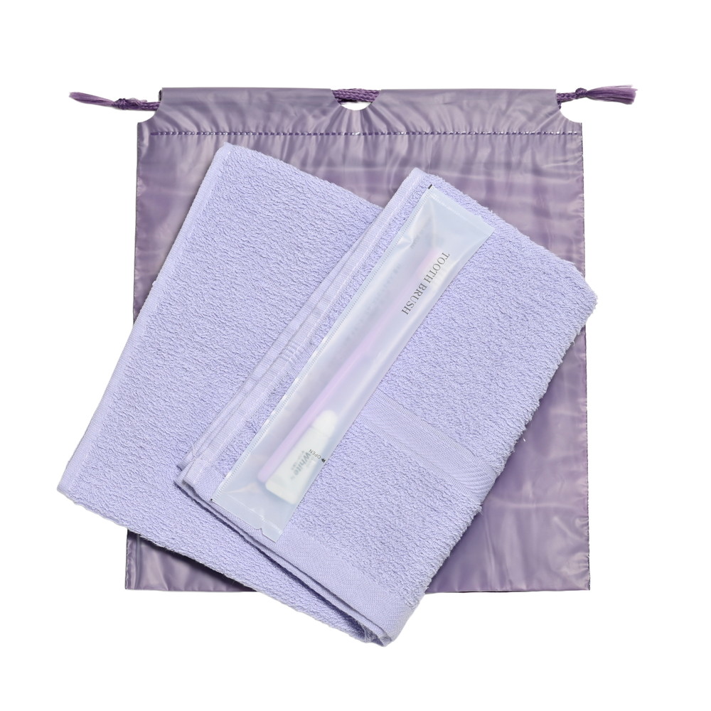 200匁ソフト界切付総パイルタオル・国産ハブラシセット（ムラサキ）濃色巾着袋入り　300セット