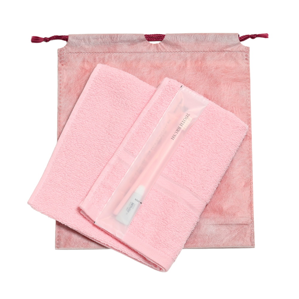 200匁ソフト界切付総パイルタオル・国産ハブラシセット（ピンク）和紙柄巾着袋入り　300セット