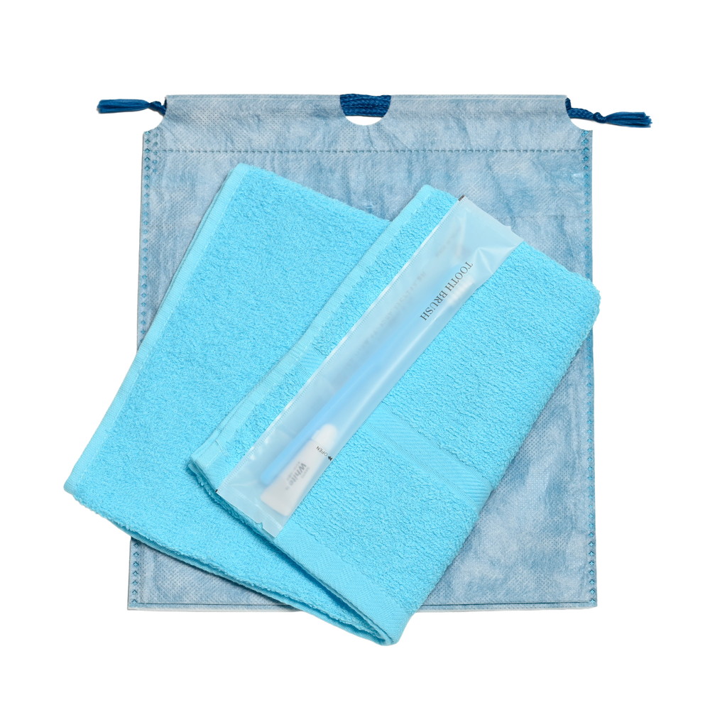 200匁ソフト界切付総パイルタオル・国産ハブラシセット（ブルー）和紙柄巾着袋入り　300セット