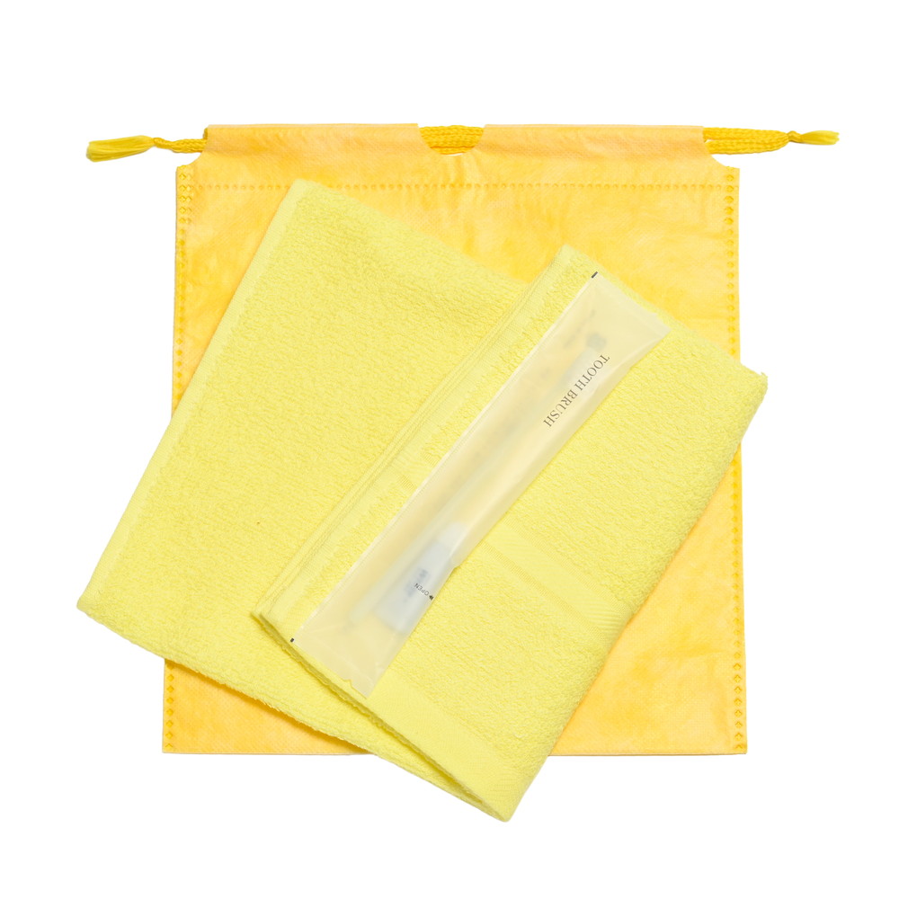 200匁ソフト界切付総パイルタオル・国産ハブラシセット（イエロー）和紙柄巾着袋入り　300セット