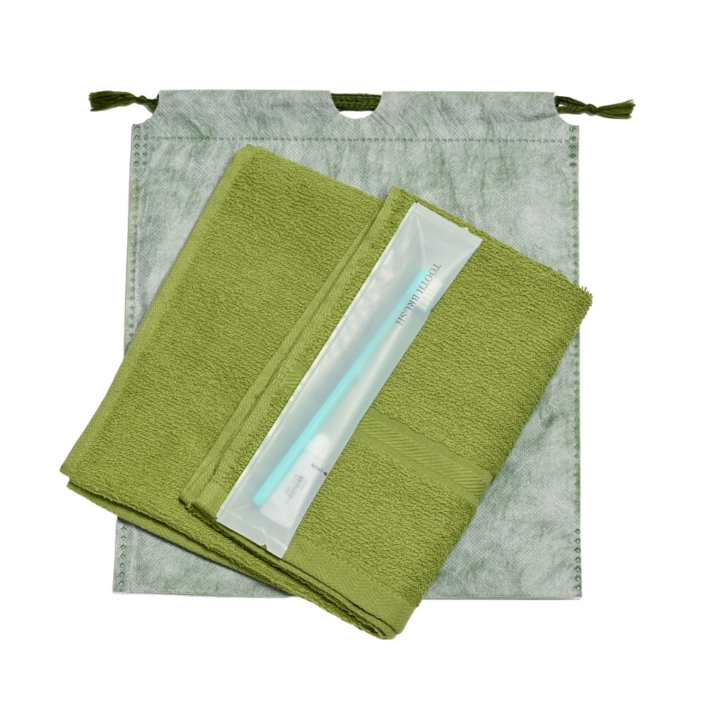 200匁ソフト界切付総パイルタオル・国産ハブラシセット（グリーン）和紙柄巾着袋入り　300セット