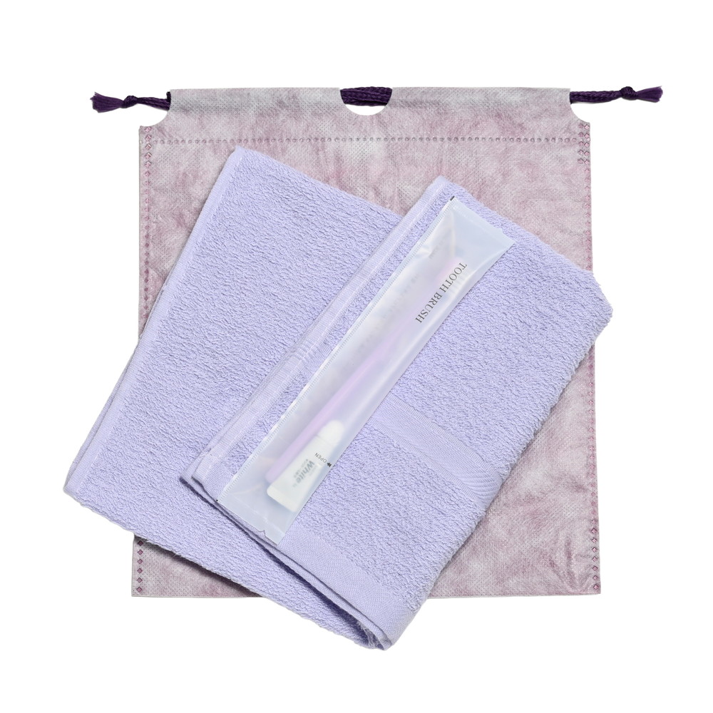 200匁ソフト界切付総パイルタオル・国産ハブラシセット（ムラサキ）和紙柄巾着袋入り　300セット