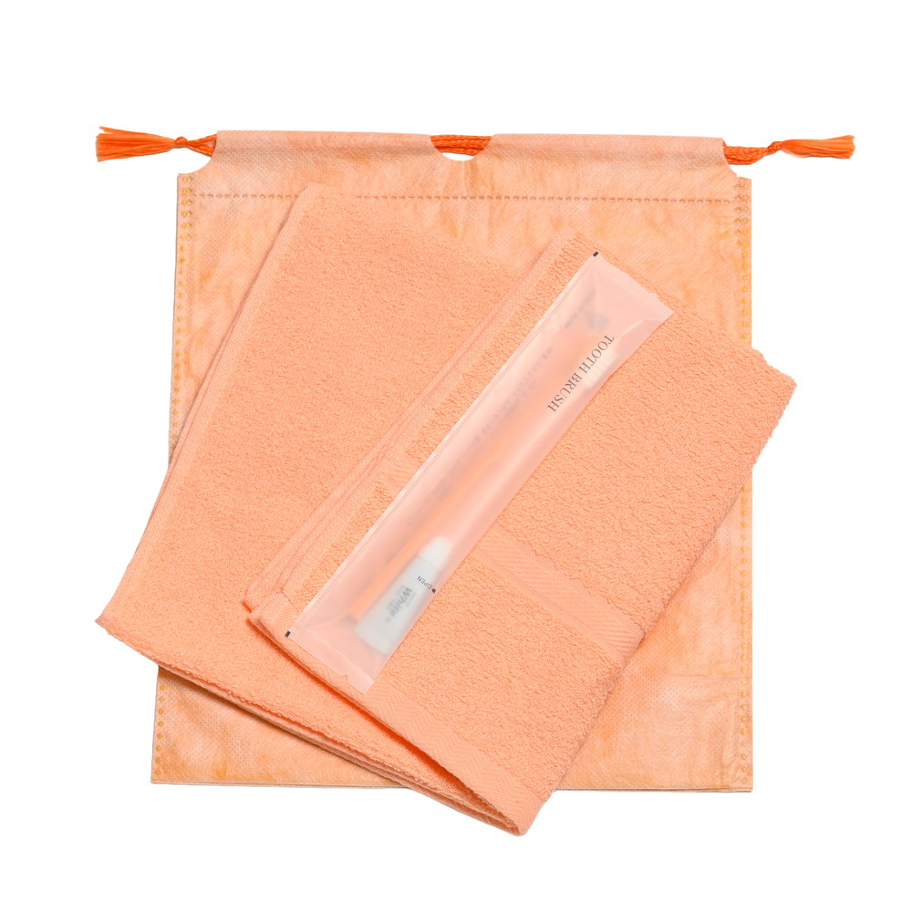 200匁ソフト界切付総パイルタオル・国産ハブラシセット（オレンジ）和紙柄巾着袋入り　300セット