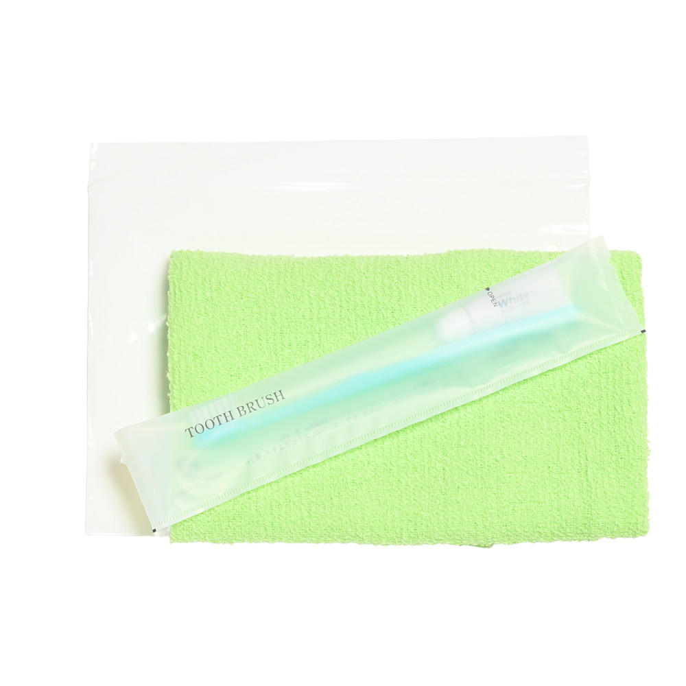 160匁平地付タオル・国産ハブラシセット（グリーン）白ジッパー袋入り　200セット