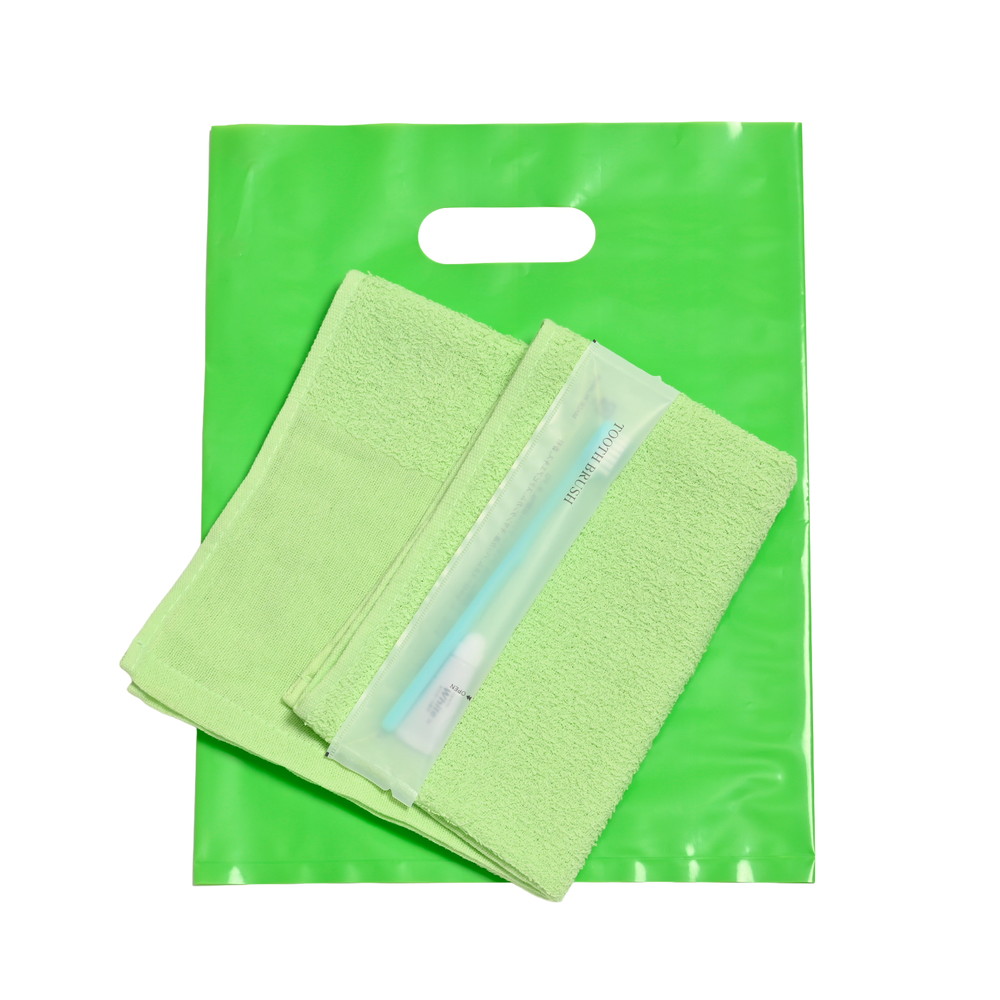 160匁平地付タオル・国産ハブラシセット（グリーン）小判抜きバッグ入り　200セット