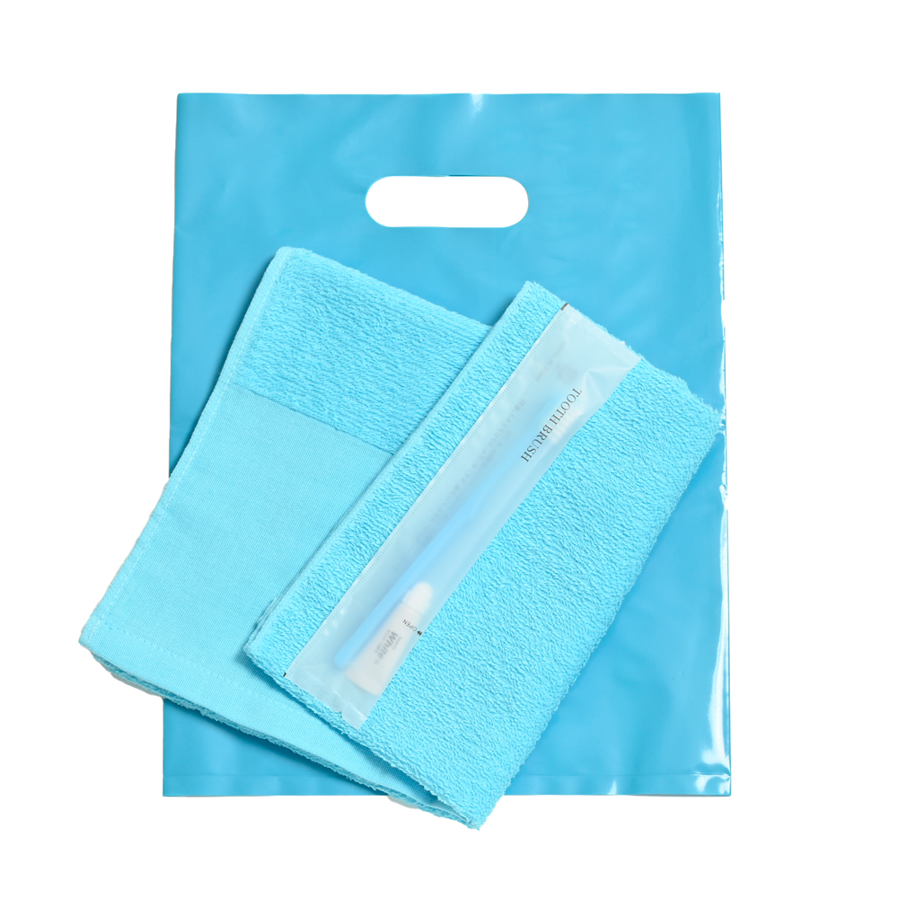 160匁平地付タオル・国産ハブラシセット（ブルー）小判抜きバッグ入り　200セット