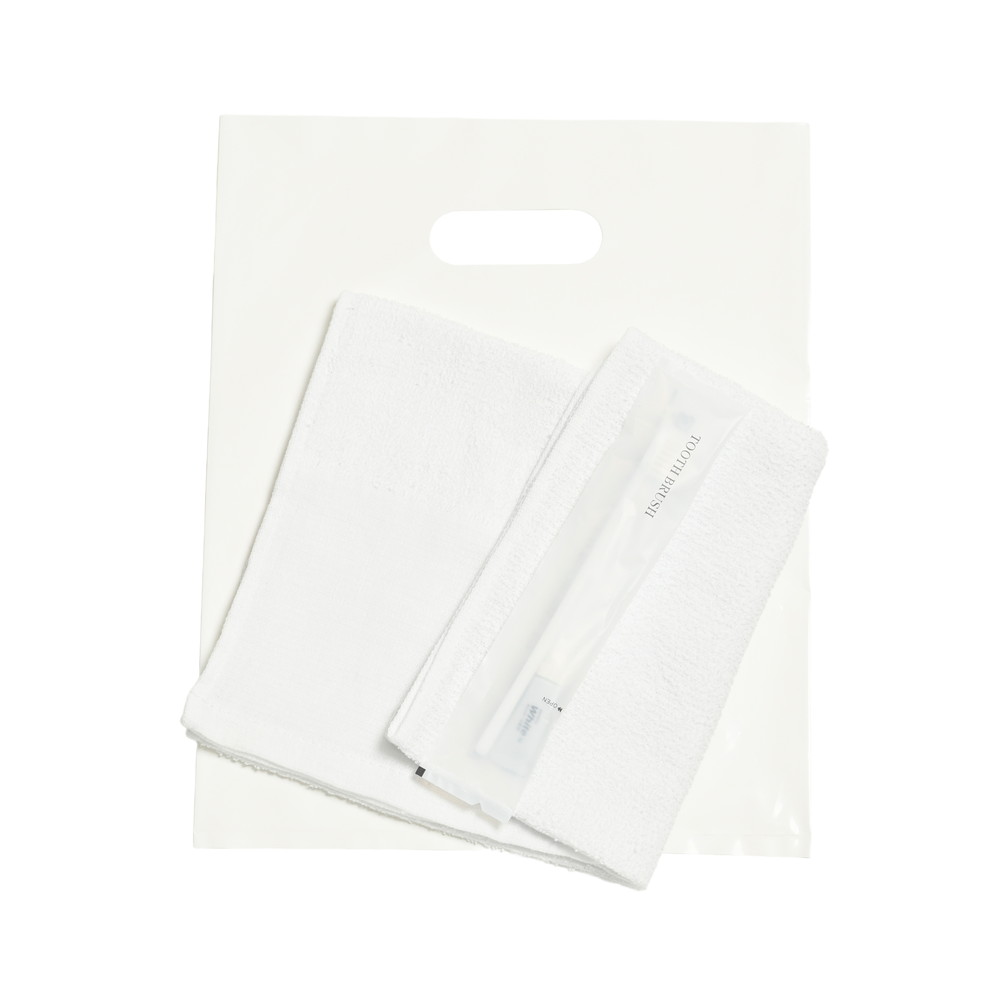 160匁平地付タオル・国産ハブラシセット（白）小判抜きバッグ入り　200セット