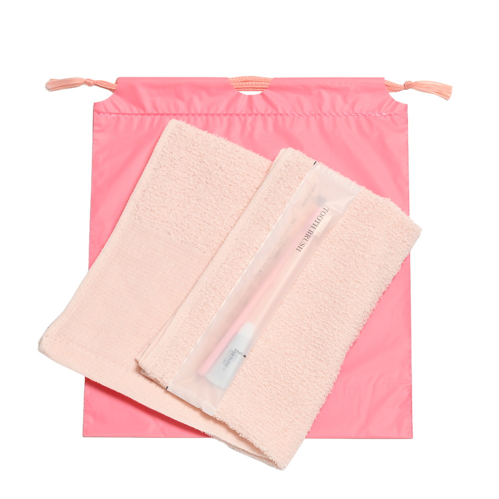 160匁平地付タオル・国産ハブラシセット（ピンク）巾着袋入り　200セット