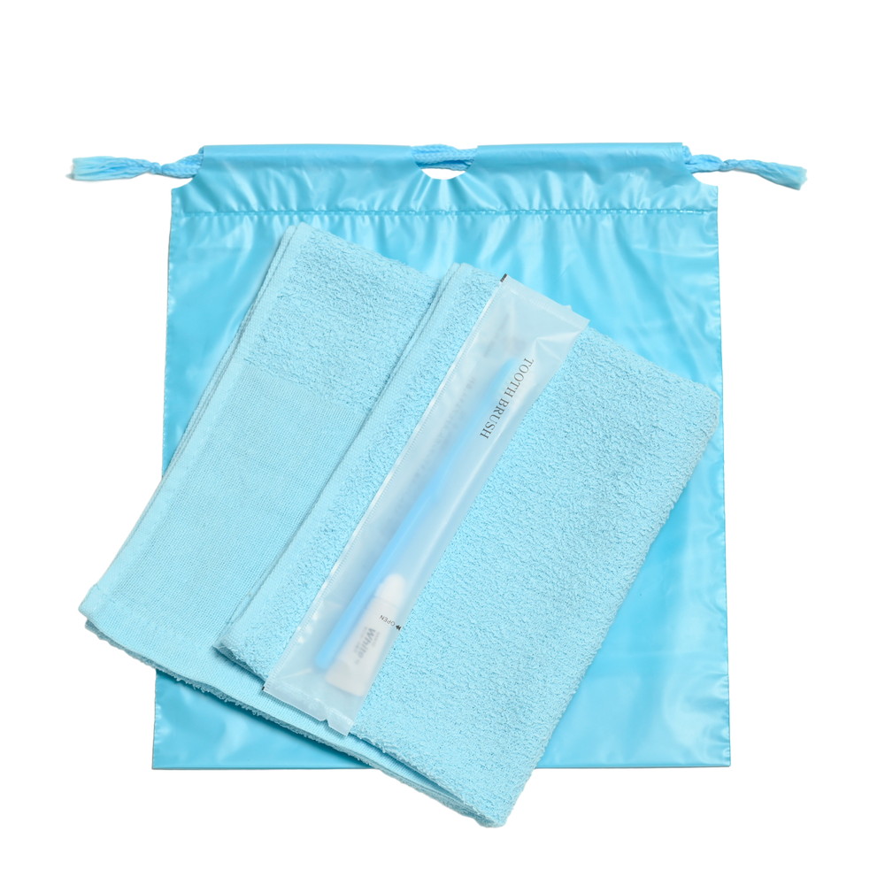 160匁平地付タオル・国産ハブラシセット（ブルー）巾着袋入り　200セット