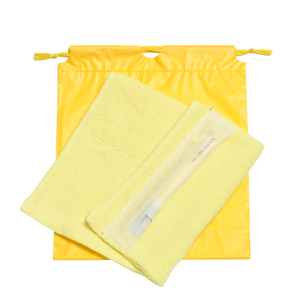 160匁平地付タオル・国産ハブラシセット（イエロー）巾着袋入り　200セット