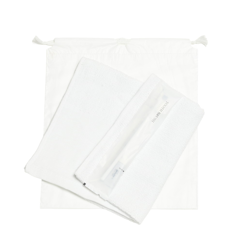 160匁平地付タオル・国産ハブラシセット（白）巾着袋入り　200セット