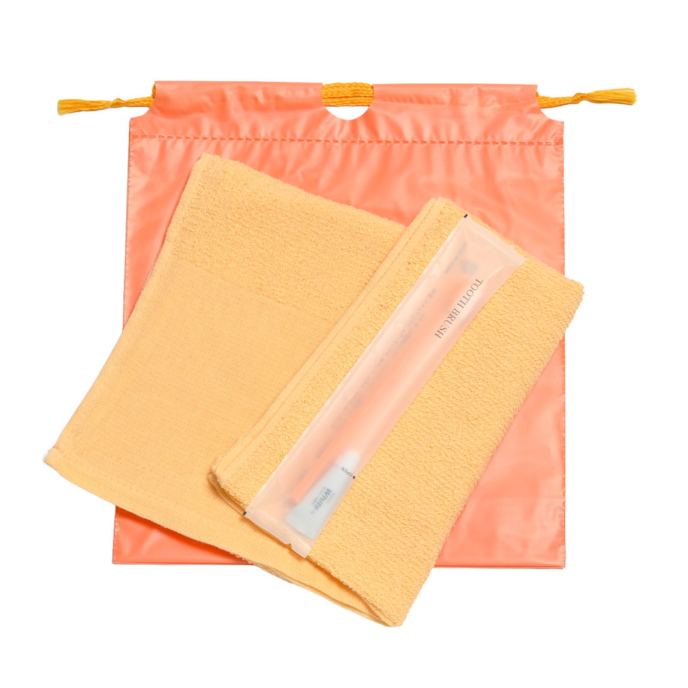 160匁平地付タオル・国産ハブラシセット（オレンジ）巾着袋入り　200セット