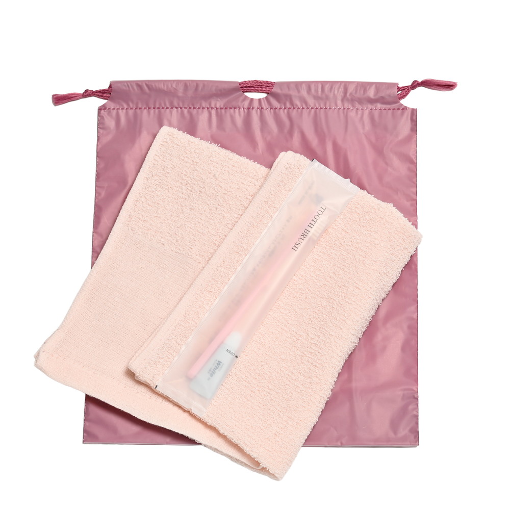 160匁平地付タオル・国産ハブラシセット（ピンク）濃色巾着袋入り　200セット