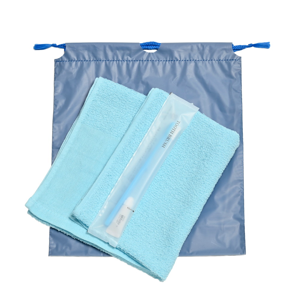 160匁平地付タオル・国産ハブラシセット（ブルー）濃色巾着袋入り　200セット